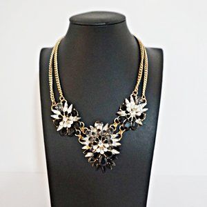 Vintage Clear and Black Rhinestone Flower Statement Necklace 18".